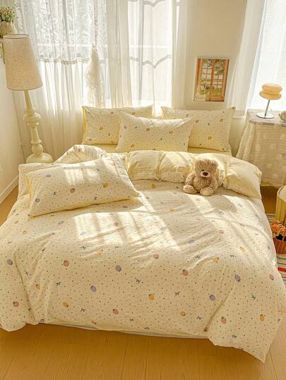 三件套花卉蝴蝶印花褶皱纱被套组，包含1个被套和2个枕套，面料柔软透气，四季皆宜，适用于单人床/双人床/特大号床，可机洗。