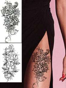 2 pezzi Tatuaggi temporanei alla moda con disegno floreale, tatuaggi finti con stampa floreale, tatuaggi temporanei unisex per il corpo, impermeabili e resistenti al sudore, adatti per braccia, mani, addome e piedi, facili da applicare e rimuovere, durano 7-14 giorni, adesivi decorativi per feste in spiaggia e regali fai-da-te - nero - Visualizzare 3