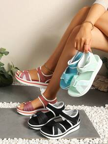 Sandal nữ đế dày, quai ngang điều chỉnh được, hở mũi, phối màu, kiểu platform, thoải mái cho kỳ nghỉ biển. - Màu xanh Cadet - Xem 2