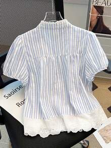 Women's Striped Embroidered Single-Breasted Casual Everyday Petal Sleeve Shirt - Blue - View 2