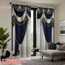 Bộ 2 rèm cửa cao cấp, chất liệu polyester bán trong suốt, trang trí tua rua vàng, màu xanh navy satin, chạm khắc tinh tế, độ rủ tuyệt vời, có thể giặt máy, thiết kế kiểu túi luồn thanh treo, phù hợp cho phòng khách, phòng ngủ, phòng học, chủ đề thời trang, 120g/㎡ - Nhiều màu - Xem 8