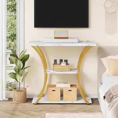 Entryway Table, Furniture, 3 Tier Console Table With Open Wood Shelves, Decorative Entryway Table With Curved Metal Frames, Narrow Sofa Table Entrance, Living Room, Hallway, Gold And White Marbled