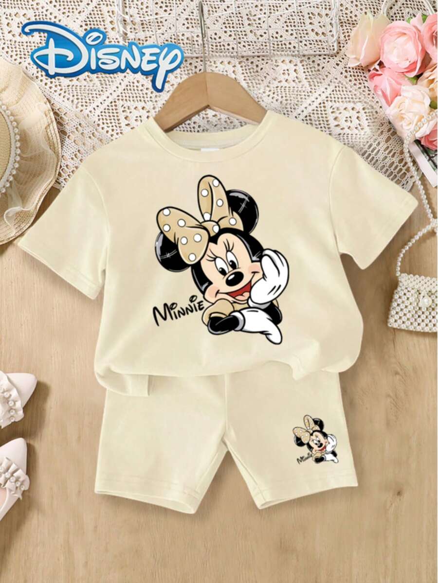 Disney Bộ đồ hè 2 món cho bé gái gồm áo thun ngắn tay và quần short in chữ Mickey Mouse và Minnie, trang phục dễ thương cho trẻ em, thích hợp cho kỳ nghỉ, màu trơn, cạp chun, đồ mặc ngoài trời. - Màu be - Xem 1