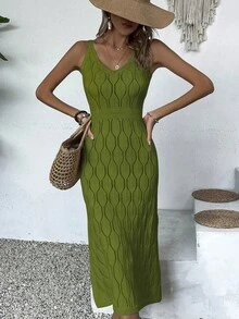 优雅女士春夏时尚休闲度假沙滩针织镂空V领连衣裙，适合情人节、派对、长裙穿着 - 鮮綠 - 查看 6