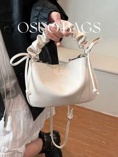 1pc Solid Color Elegant Ruffle Wave Design Drawstring Handbag With Bow Decor, Cute & Sweet Crescent Bag Suitable For Daily Use, Dating, Street Style, Also As Gift