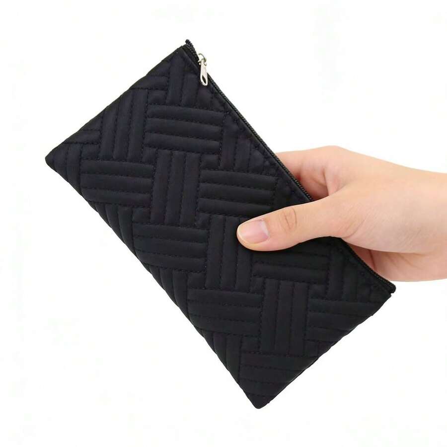 1个极简时尚黑色拉链收纳包，方便手提设计，可收纳化妆刷/口红/眉笔，易于携带 - 黑色 - 查看 1