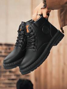 Men's Retro Work Boots, Durable Lace-Up Ankle Boots For Outdoor & Streetwear - Black - View 3