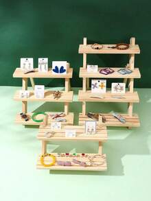 1pc Wooden Stepped Jewelry Display Stand, Creative Earring Ring Necklace Organizer, Multi-Layer Jewelry Holder, Tabletop Display Rack For Live Streaming, Craft Collection - Beige - View 11