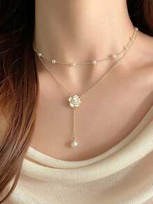 1pc Elegant Pearl Camellia Flower Double-Layer Necklace, Personalized Faux Pearl Tassel White Camellia Flower Choker Necklace, Fresh And Elegant Fashion Bridal Necklace, Versatile For Wedding, Date, Party, Birthday, Women Jewelry Gift - Gold - View 6