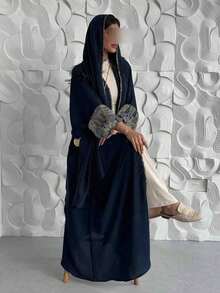 Bộ 2 món: Áo khoác dài cardigan in hoa bằng polyester + Khăn choàng in họa tiết bằng chiffon, phù hợp cho mọi mùa xuân. - Màu xanh hải quân - Xem 4