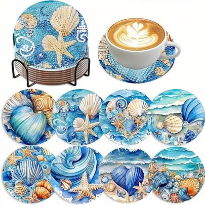 2D Diamond Painting Coaster Set, 8pcs/Set Ocean Shell Theme, Full Round Diamond, DIY Handcraft Kit With Stand, Excellent Decorative And Durable, Ideal For Home Decor And Art Gifts, Especially Suitable For Christmas And Halloween