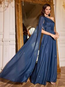 Volly Toych 藏蓝色优雅高贵单肩超长披肩袖闪亮雪纺垂褶长裙，适合特殊场合、晚宴、伴娘礼服 - 藏蓝色 - 查看 1
