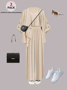 大码女装三件套：纯色V领吊带背心+长裤+时尚不对称外套 - 杏色 - 查看 3