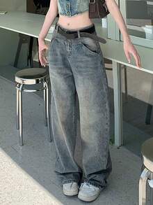 (Without Belt) Retro Wide-Leg Versatile Minimalist Women Jeans - Blue - View 1