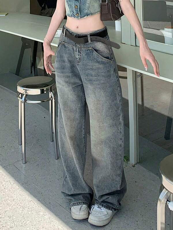 (Without Belt) Retro Wide-Leg Versatile Minimalist Women Jeans