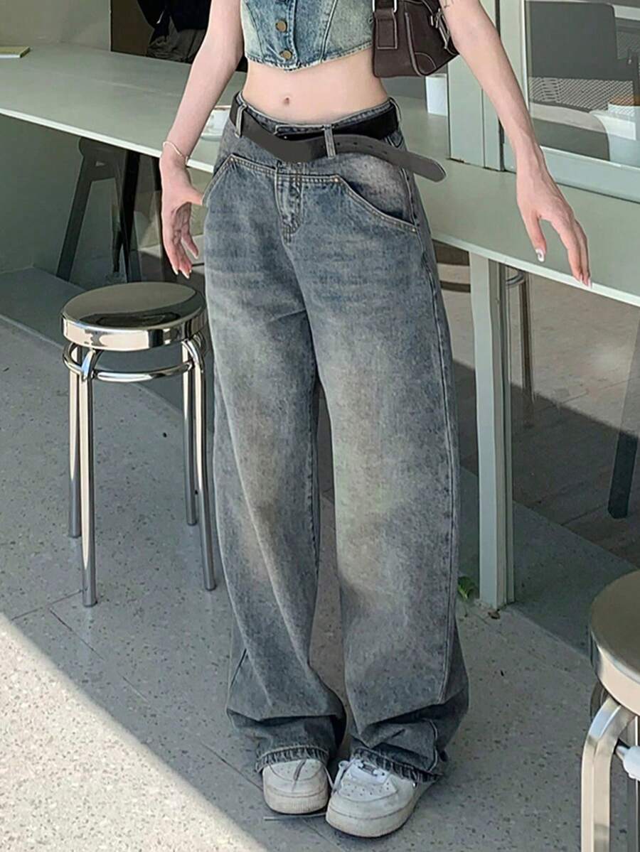 (Without Belt) Retro Wide-Leg Versatile Minimalist Women Jeans - Blue - View 1