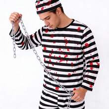 1 Set Men's Halloween Striped Prisoner Costume With Bloody Chain, Hat, Suitable For Children Zombie Cosplay, Includes Top, Pants, Hat, Chain - Multicolor - View 4