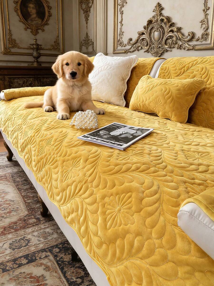 1pc Embroidered Plush Sofa Cushion Cover, Solid Color Leaf Pattern Sofa Slipcover, Non-Slip Anti-Scratch, Suitable For All Seasons, Easy To Clean, Holiday & Home Decor, Fits 1/2/3/4 Seater Sofa - 黃色 - 查看 1