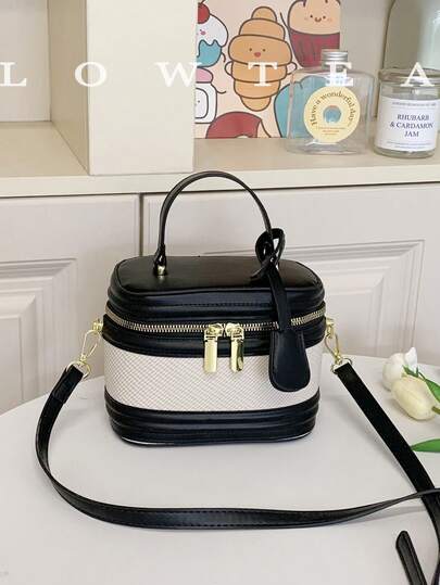 1pc Low Tea Contrast Color PU Leather Handbag, Women's Retro Fashion Box-Shaped Tote Bag, Top Handle Design, Zipper Closure, Detachable & Adjustable Shoulder Strap, Suitable For Travel, Shopping, Dating, Women's Gift, Great For Commuting, Outdoor, Travel, Hiking