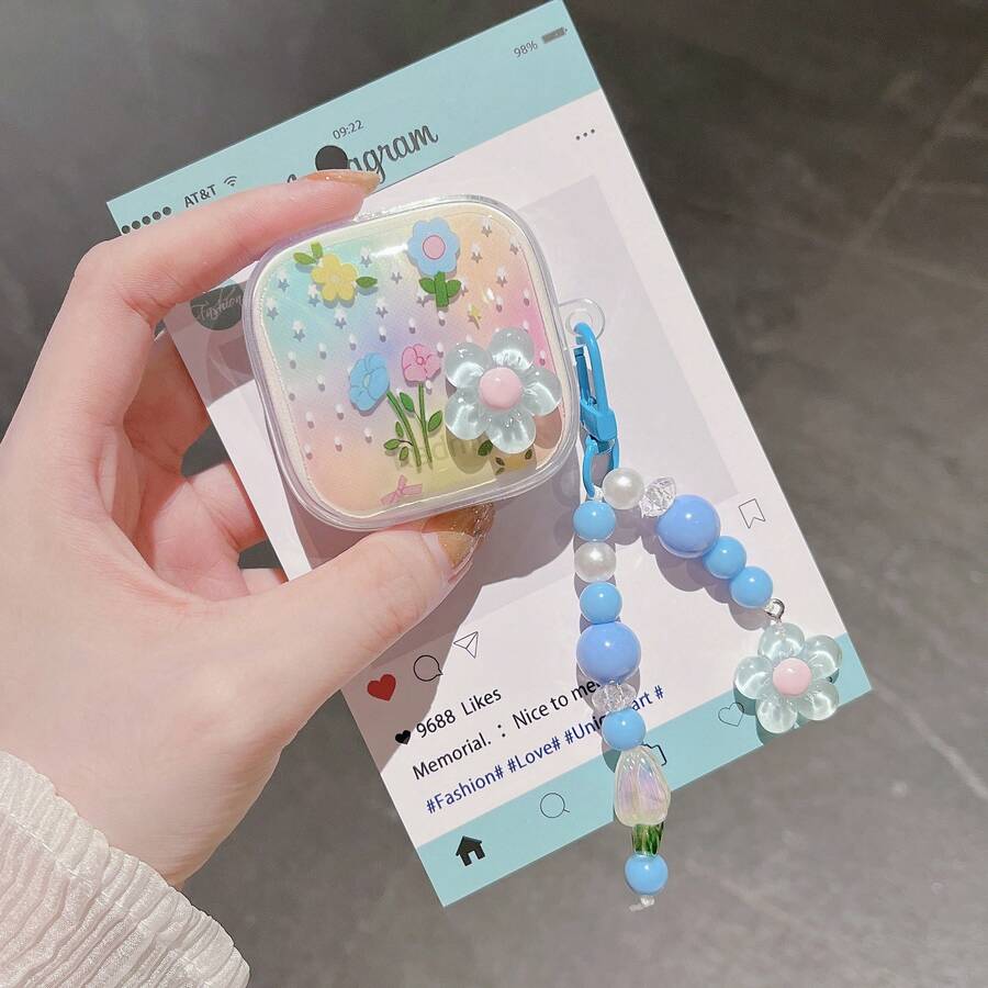 Ốp tai nghe mặt dây chuyền hoa 3D màu xanh dương tương thích với Buds 6 Play/SE, 8Pro/8Lite, ốp tai nghe mới, vỏ bảo vệ tai nghe không dây cho Buds 6 Pro/5/6S/5Pro, ốp tai nghe trong suốt mềm mại cho Buds 6 Active/6/7S/6 Lite/4Lite - Hoa màu xanh - Xem 1