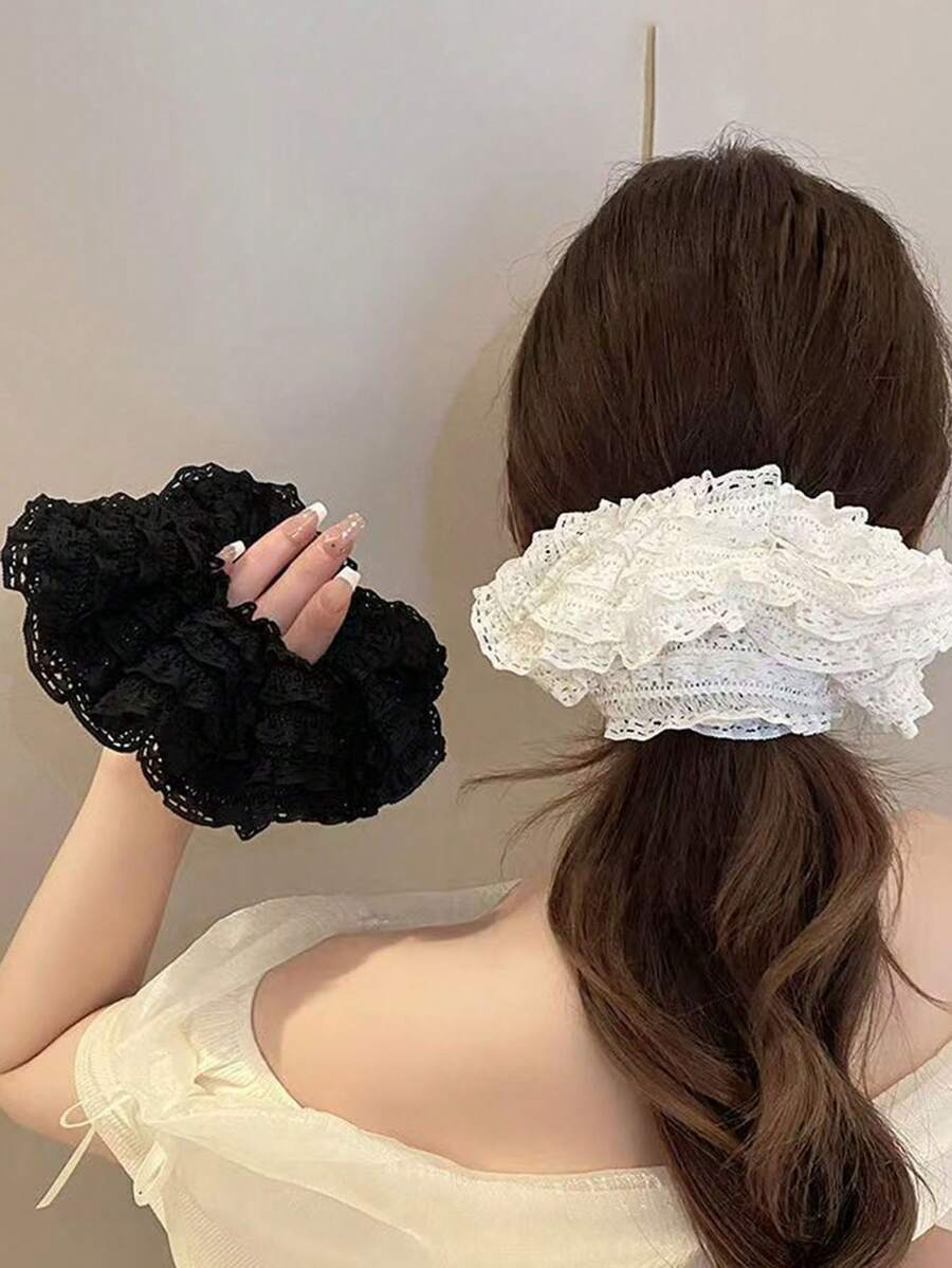 Black And White Elegant Lace Hollowed-Out Sausage Hair Tie, Multi-Functional Versatile Faux Silk Hair Tie, Floral Pattern, Soft , Women's Hair Tie, Hair Accessory, Hair Band, Ponytail Holder Scrunchy Hair Ties - Multicolor - View 1