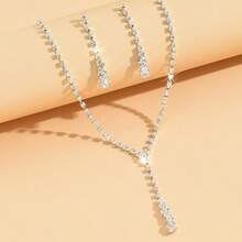 Set de 3 piezas de joyería minimalista con gota de agua de diamante de imitación, collar y aretes, adecuado para mujeres en bodas, cumpleaños, aniversarios y fiestas - Plateado - Ver 4