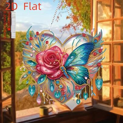 2D 1套心形蝴蝶钻石画套装，不对称钻石形状 - 仿钻吊坠DIY套装，适用于家居墙面装饰