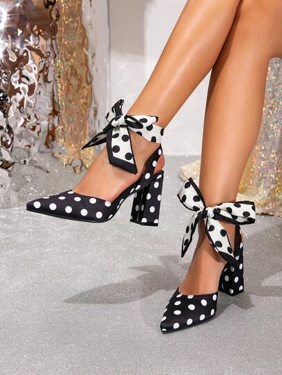 2026 New Polka Dot High Heel Shoes, Women's Strap Peep Toe Pumps With Bow Tie, Pointed Toe Thick Heel Sandals, Versatile For Dresses, Spring/Summer