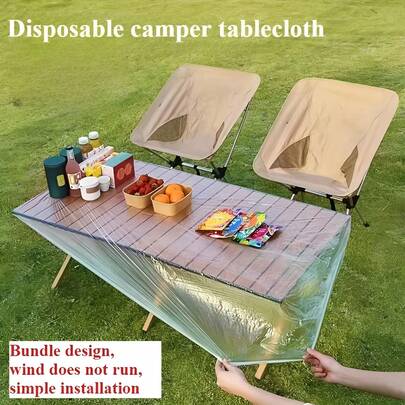 Disposable Camper Tablecloth, Waterproof & Windproof Plastic Table Cover With Elastic Edges, Bundle Design For Easy Installation, Fits Most Folding Camping Tables, Ideal For Outdoor Picnics, Camping, RV Trips, Backyard BBQs, And Festivals – Sturdy, Leak-Proof, And Hassle-Free Cleanup
