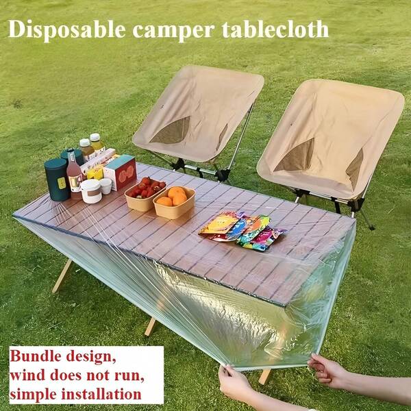 Disposable Camper Tablecloth, Waterproof & Windproof Plastic Table Cover With Elastic Edges, Bundle Design For Easy Installation, Fits Most Folding Camping Tables, Ideal For Outdoor Picnics, Camping, RV Trips, Backyard BBQs, And Festivals – Sturdy, Leak-Proof, And Hassle-Free Cleanup