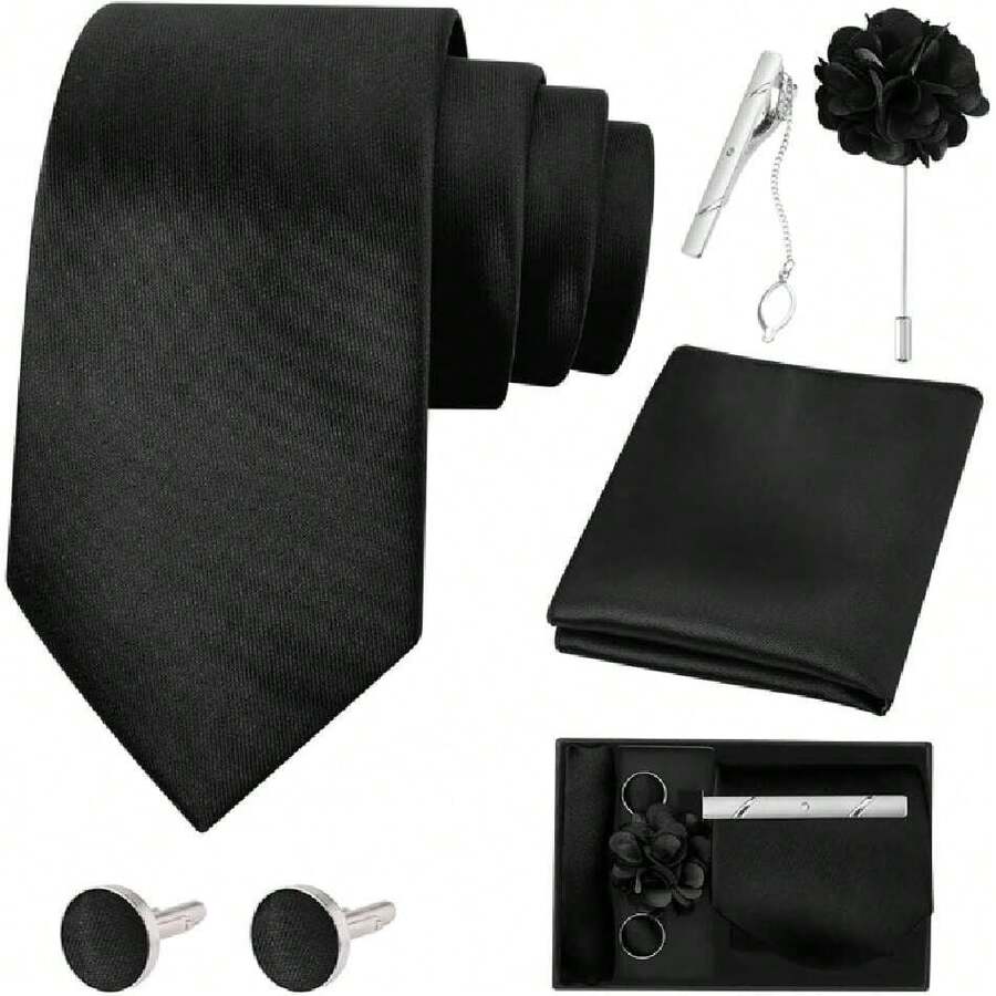 Men's Satin Ties, Slim Tie And Bow Tie Set For Gentlemen, High Quality Suit Accessory, 8CM Ties With Cufflinks And Box, Gift For Husband, Father, Friend, 42548345 - 鏽棕色 - 查看 1