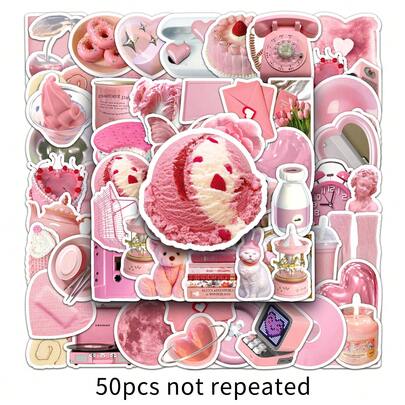 50 PCs Handmade Funny Cute Pink Ins Waterproof Stickers DIY For Phones Laptop Skateboard Creative Graffiti Car Motor Sticker