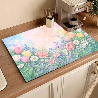 1pc Rose & Tulip Pattern Absorbent Drying Mat, Kitchen Decor, Coffee Machine Pad, Handmade Coffee Pot Drainer, Kitchen Floor Mat, Tabletop Mat, Dish Drying Pad With Anti-Slip Backing, Heat-Resistant, Suitable For Kitchen, Dining Table, Coffee Shop, Bar, Holiday, Party, Home Decor, Mother's Day Gift