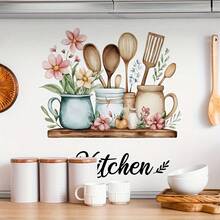 1/2pcs Watercolor Floral Kitchen Wall Stickers, Removable Decals For Dining Room, Cabinet, Vintage Rustic Aesthetic Home Decor - Kitchenware Wall Stickers - View 1