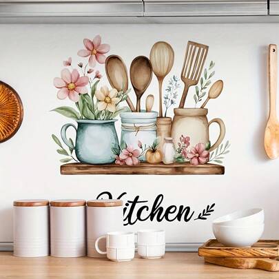 1/2 miếng dán tường nhà bếp họa tiết hoa màu nước, hình bát đĩa, cốc chén, dùng cho kệ, dễ dán và có thể tháo rời, thích hợp trang trí tủ bếp, nhà kiểu nông trại, mộc mạc, nghệ thuật trang trí tường.