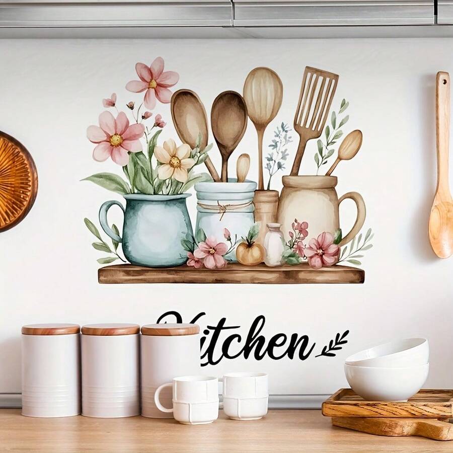 1/2pcs Watercolor Floral Kitchen Wall Stickers, Removable Decals For Dining Room, Cabinet, Vintage Rustic Aesthetic Home Decor - Kitchenware Wall Stickers - View 1