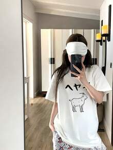 Áo thun nữ tay ngắn cổ tròn dáng rộng kiểu Nhật, in hình cừu hoạt hình, thích hợp mặc mùa xuân/hè. - trắng - Xem 3