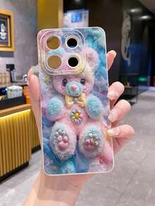 1pc Glitter Plush Bear Shockproof Phone Case, UV Printed, Compatible With Samsung/Galaxy/ Android Models - Beige - View 3