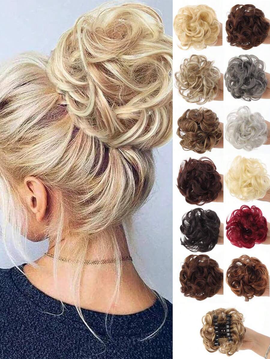 Claw Clip Messy Bun Ponytail Messy Hair Bun Extensions Wavy Curly Chignon Synthetic Tousled Updo Hairpieces For Women Girls - Multicolor - View 1