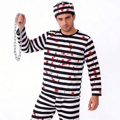 1 Set Men's Halloween Striped Prisoner Costume With Bloody Chain, Hat, Suitable For Children Zombie Cosplay, Includes Top, Pants, Hat, Chain