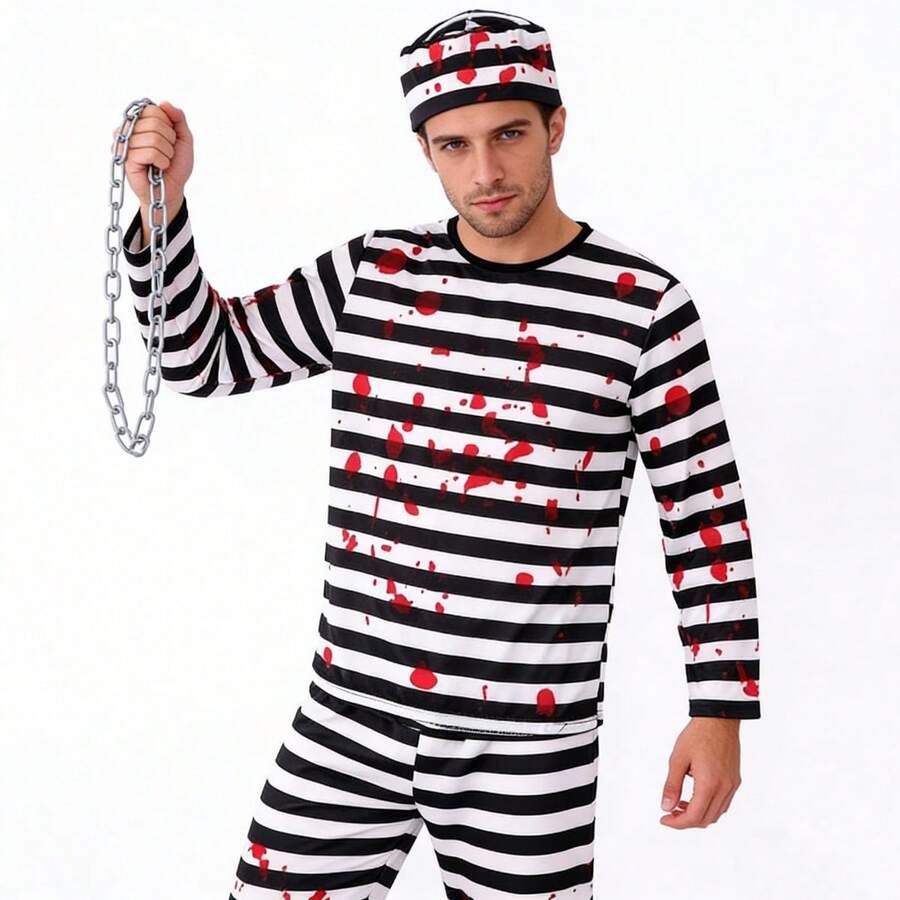 1 Set Men's Halloween Striped Prisoner Costume With Bloody Chain, Hat, Suitable For Children Zombie Cosplay, Includes Top, Pants, Hat, Chain - Multicolor - View 1