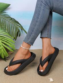 Pastel Color Magenta Platform Flip Flops For Women And Man, Soft Non-Slip Sole, Summer Indoor Outdoor Shopping Vacation Beach Shoes, Multi-Color Optional, Ideal Holiday Gifts - 黑色 - 查看 2