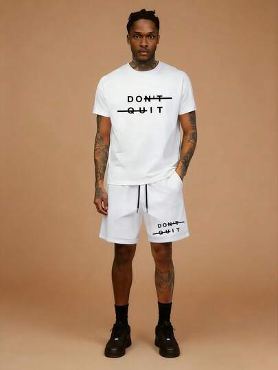 Conjunto casual de camiseta de manga corta con estampado gráfico de la letra "DO IT" y pantalones cortos para hombre, conjunto de 2 piezas de moda de verano