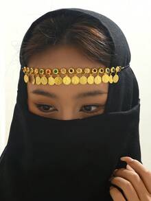 1pc Arabian Style Rhinestone Coin Tassel Headband, Suitable For Women's Stage Performance, Party Wear (Rhinestone Color Random) - Gold - View 2