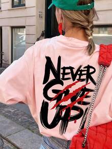 1pc Women Summer Round Neck Short Sleeve T-Shirt With "NEVER GIVE UP!" Print - Pink - View 5