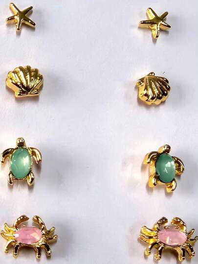 4 pares de pendientes de botón con diseños minimalistas de estilo oceánico de cangrejo, tortuga, concha y estrella de mar, pendientes delicados de moda coreana para mujeres