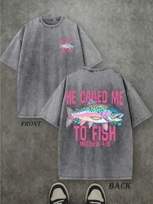 Retro Washed T-Shirt Double Sided Printed  'HE CALLED ME TO FISH' Letter And FISH Pattern Print, Mens TShirt, Mens Shirt Casual, Comfortable, Fashionable T-Shirt, Street Style Cotton - Grau - Übersicht 1