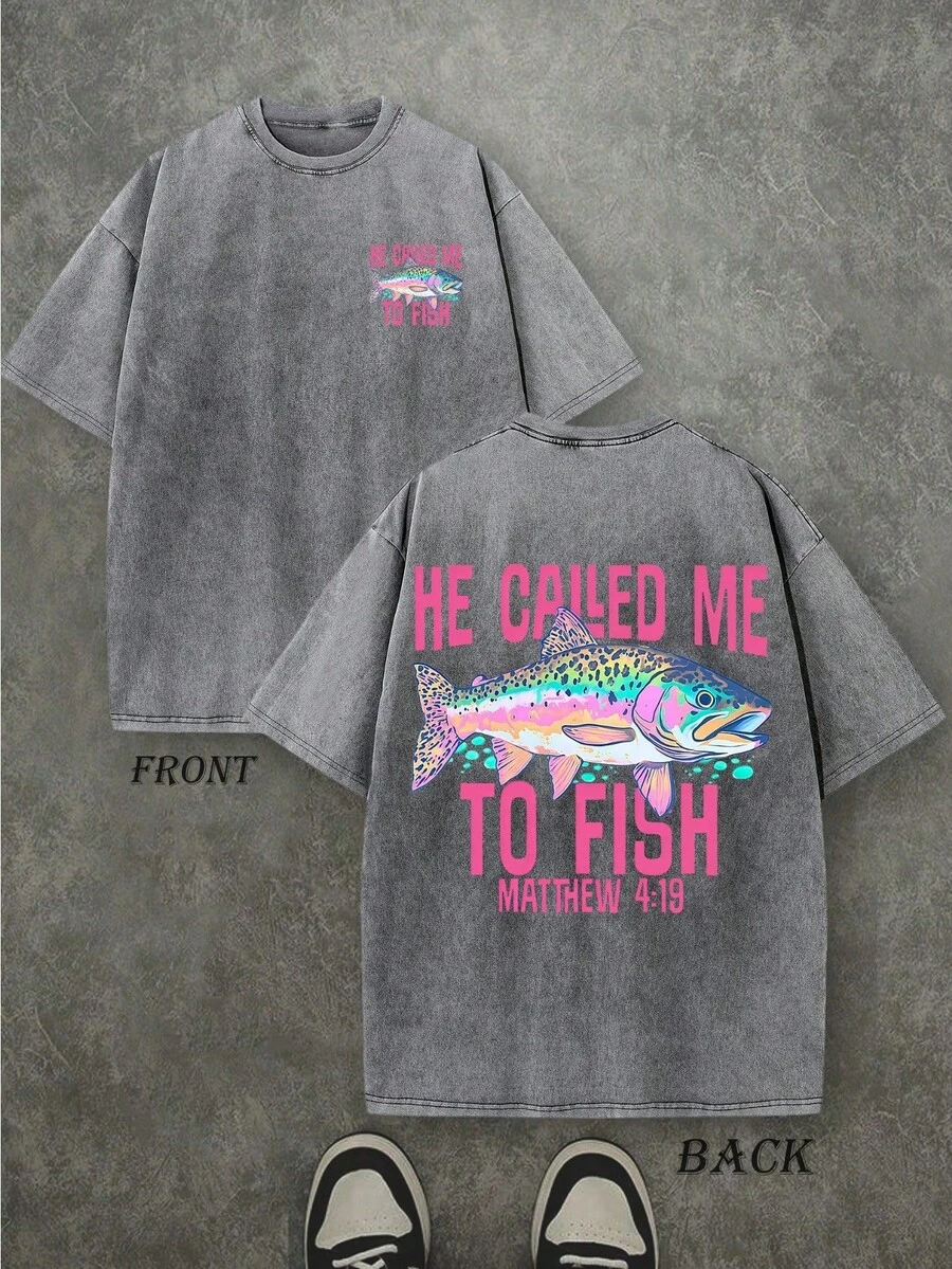 Retro Washed T-Shirt Double Sided Printed  'HE CALLED ME TO FISH' Letter And FISH Pattern Print, Mens TShirt, Mens Shirt Casual, Comfortable, Fashionable T-Shirt, Street Style Cotton - Grau - Übersicht 1