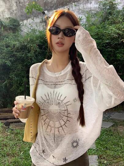 2026新款夏季女式宽松长袖T恤，宽肩设计，时尚白色休闲上衣