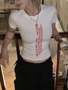女士圆领短袖T恤，美式风格，夏季新款字母印花，时尚百搭修身露脐上衣 - 白色 - 查看 1